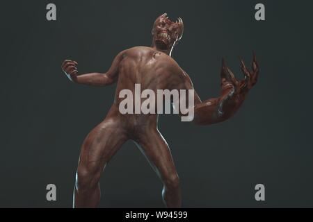 Fantasy Charakter asymmetrische Monster - 3D-Render auf dunklem Hintergrund Stockfoto