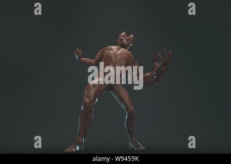 Fantasy Charakter asymmetrische Monster - 3D-Render auf dunklem Hintergrund Stockfoto