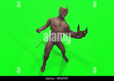 Fantasy Charakter asymmetrische Monster - 3D-Render auf grünem Hintergrund Stockfoto