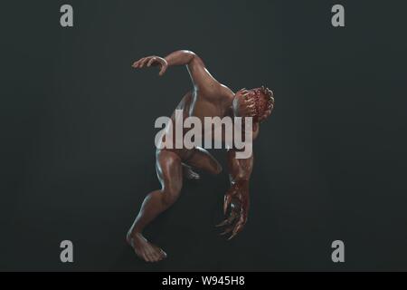 Fantasy Charakter asymmetrische Monster - 3D-Render auf dunklem Hintergrund Stockfoto