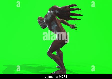Fantasy Charakter asymmetrische Monster - 3D-Render auf grünem Hintergrund Stockfoto