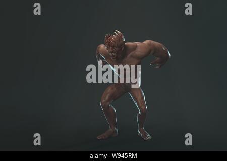 Fantasy Charakter asymmetrische Monster - 3D-Render auf dunklem Hintergrund Stockfoto