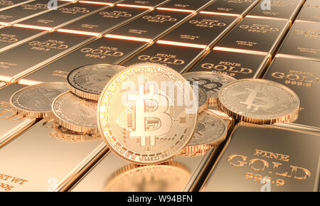 Münzen mit bitcoin Symbol auf Gold Bars. 3D-Bild gerendert werden. Cryptocurrency Konzept. Stockfoto