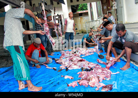 Die Distribution Committee der Organisation von Fleisch in Zaubertränke während des Eid al-Adha, hat keine bestimmte Zeitdauer und Feiern. Im Dorf Kinderbett Pluhs wurden, Muslime geschlachtet wurden verschiedene Tiere nach religiösen Traditionen, dieses Opfer Fleisch war an die Öffentlichkeit verteilt. Dieses Festival ist das Ende der Wallfahrt nach Mekka und erinnert an die Bereitschaft Abrahams, seinen Sohn zu opfern, um Gehorsam zu Gott zu zeigen. Eid al-Adha, hat keine bestimmte Zeitdauer. Stockfoto