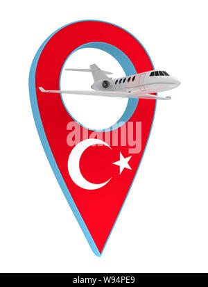 Eigenes Flugzeug mit Pin navigation Flagge der Türkei. 3D-Rendering Stockfoto
