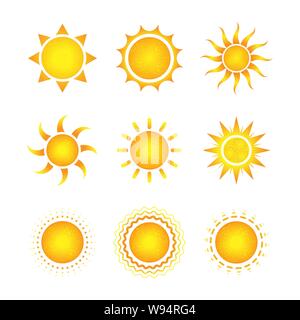 Satz von neun verschiedenen hellen Sonne Symbole auf Weiß Stock Vektor
