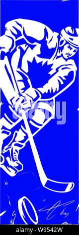 Hockey Player Slap Shot shooting einen Puck in Richtung des Betrachters in die Luft mit skate Marken auf dem Eis alles aus einer soliden Hintergrund & Entlüftung umgekehrt Stock Vektor