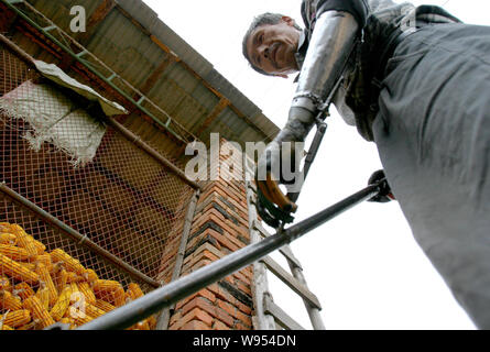 ---- Sonne Jifa macht die Arbeit am Hof mit seiner selbstgebauten künstliche Hände in der Stadt Jilin im Nordosten Chinas in der Provinz Jilin, 13. Oktober 2005. Sie können gewonnen Stockfoto