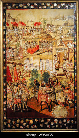 Die Eroberung von Mexiko (1519-1521). Kulissen: A-Port von Vera Cruz, B-Cortes Essbereich mit zwei Botschafter des Moctezuma, C - Die Pferde laufen und die Botschafter sind bewundert, D-Hernan Cortes ernennt gewöhnlichen Bürgermeister der Stadt, E-La Malinche macht der Totonac verstehen, wer Cortes ist, F-Bau der Villa Rica, wo Totonac Hilfe Indianer. G-Eingang von Hernan Cortes in Zempuala, wo er durch die "Cacique Gordo' empfangen wird. Tabelle, die zu einem Satz von 6 mit dem 'enconchado' Technik gemacht. Anonyme Autor. Öl- und Perlmutt. 1676-1700. Mexikanischen Schule. Vizekönigreich Neuspanien. Mexiko. Museum Stockfoto