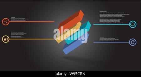 3D-Illustration Infografik Vorlage. Die geprägte Cube ist horizontal zu vier verlagert Teile gegliedert. Objekt wird schräg angeordnet auf Grau Schwarz backgrou Stock Vektor