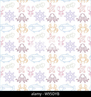 Cartoon meer ozean doodles Tiere wie Greifer, Wale, Fische, Tintenfische, Gras, etc. Nahtlose Muster auf weißem Hintergrund - Stoff textile Sammlungen Stockfoto