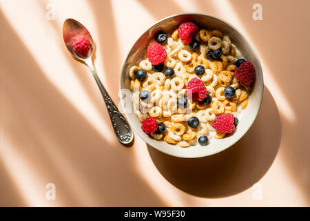 Leckere Cornflakes mit Himbeeren und Blaubeeren auf pastellfarbenen Hintergrund. Cornflakes mit frischem Obst und Joghurt in eine keramische Schüssel serviert. Konzept für Stockfoto