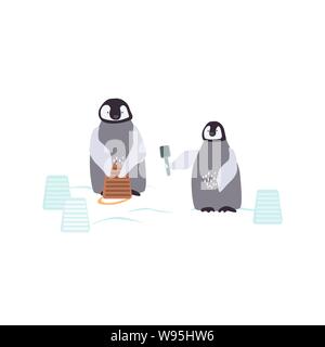 Zwei cartoon Penguins sind bulding eine schneeburg. Spielen Kaiser baby penquins Hintergrund. Vector Illustration. Stock Vektor