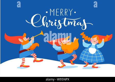 Weihnachten Poster vektor design mit cartoon Zwerge tanzen und spielen Musik Stock Vektor