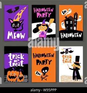 Satz von Vector Halloween Party Plakate in den Cartoon flachbild Retro Stil Stock Vektor