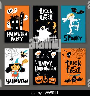 Der Vektor Happy Halloween Poster im Cartoon Retro Stil Stock Vektor