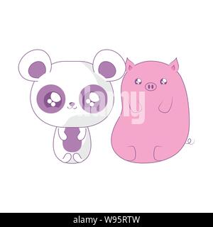 Süße Schweinchen mit pandabär Baby Tiere kawaii Stil Vector Illustration Design Stock Vektor