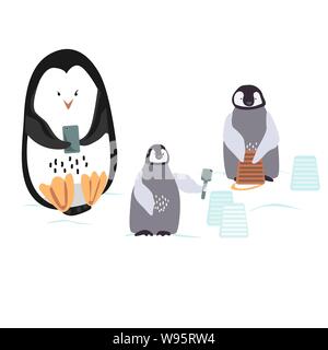 Zwei cartoon Penguins sind bulding eine Schneeburg mit Schaufel und Kelle und ihre Mama suchen in das mobile Telefon. Vektor Stock Vektor