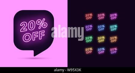 Neon Rabatt Tag, 20 Prozentpunkte aus. Angebot Verkauf. Satz von Neon Preis Rabatt, bunte bündeln. Bubble Nachricht Vorlage für Ihre Werbung de Stock Vektor