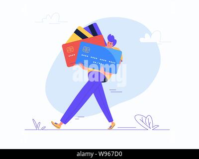 Junger Mann, der einige schwere Kreditkarten. Flache moderne Konzept vector Abbildung: Belastung von Kreditkarten und Bankgebühren während des Lebens. Casual consum Stock Vektor