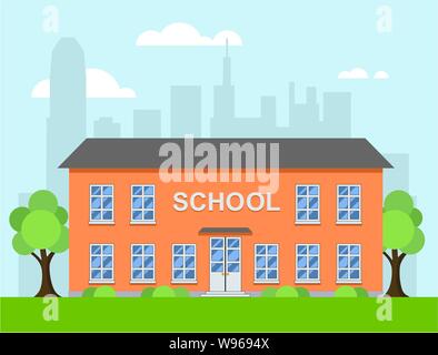 Vektor Cartoon Illustration der Schule in einer Stadt. Hintergrund mit Schule Haus, blauer Himmel mit Wolken, grüne Wiese mit Bäumen Stock Vektor