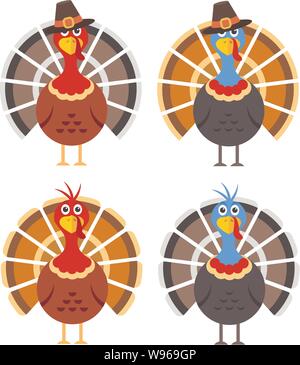 Vektor einrichten von Cartoon Türkei Vögel für thanksgiving Tag Illustrationen. bunte Symbole von Thanksgiving Truthahn, flacher Stil Stock Vektor