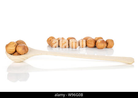 Menge ganze reife braune Haselnuss mit Holzlöffel auf weißem Hintergrund Stockfoto