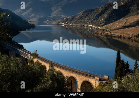 Einen malerischen Blick auf den Fluss Douro mit terrassierten Weinberge in der Nähe der Ortschaft Foz Coa, in Portugal; Konzept für Reisen in Portugal und schönsten Pla Stockfoto