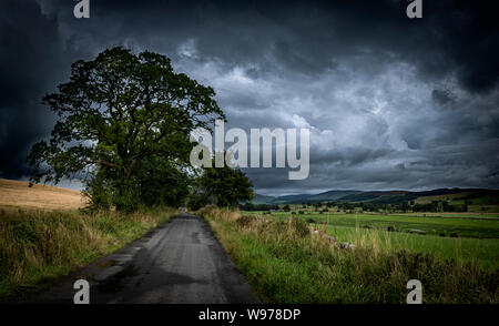 Die römische Straße südlich durch Annandale in Dumfries und Galloway an dieser Stelle entlang der Flanke des Hügels Dinwoodie ausgeführt wird. Es war ein st Stockfoto