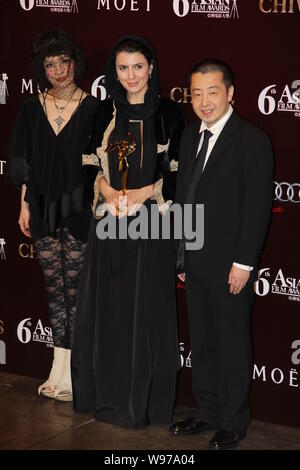 (Von links) Hong Kong Schauspielerin Josie Ho, iranische Schauspielerin Leila Hatami und der chinesische Regisseur Jia Zhangke darstellen, während die 6. Asian Film Award in Hong Ko Stockfoto