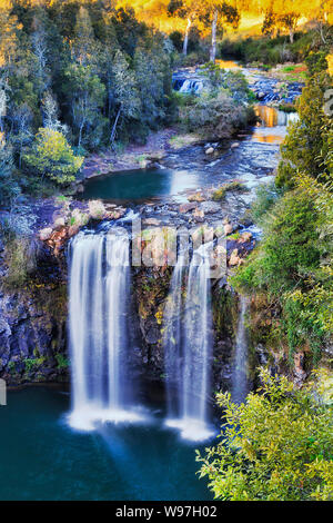 Dangar falls Kaskade von Wasserfällen nach unten fließt durch Lava Basaltplateau in Dorrigo National Park von Australien von erhöhten Aussichtspunkt gesehen an sunris Stockfoto