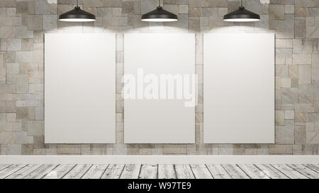 Drei weiße Leere Anschlagtafeln in einen Holzboden, leeren Raum beleuchtet durch drei schwarze Lampen 3D-Darstellung Stockfoto