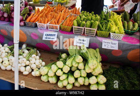 Karotten, Gurken, Paprika, Bananen und viele andere grüne und Blattgemüse auf Verkauf zu einem Bauernmarkt. Stockfoto