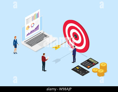 Finanzielle Unternehmen mit großen Dart und Team Büro Menschen um es analysieren Daten Diagramm und Tabelle mit isometrischen Stil-Vector Illustration Stockfoto