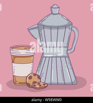 Moka Topf einweg Becher Kaffee Zeit Skizze flache Design Vector Illustration Stock Vektor