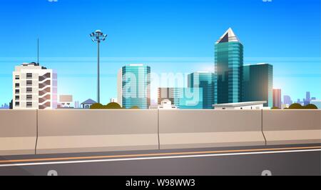 Autobahn Asphaltstraße mit chipper Skyline der Stadt moderne Wolkenkratzer das Stadtbild Hintergrund waagrechten Banner Stock Vektor