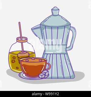 Moka pot Schale und Honig kaffee zeit Skizze flache Design Vector Illustration Stock Vektor