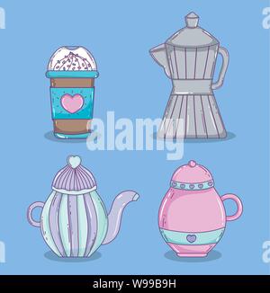 Einweg Becher und Wasserkocher moka Kanne Kaffee Zeit Skizze flache Design Vector Illustration Stock Vektor
