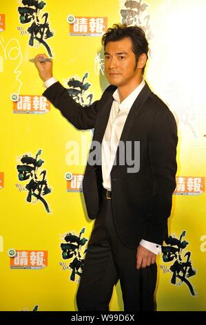 Taiwanesische Schauspieler Takeshi Kaneshiro besucht die lokalen Premiere des Films, Wu Xia, an der Hong Kong Convention & Exhibition Centre, Hong Kong, China Stockfoto