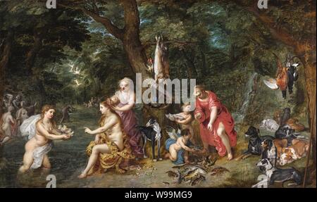 Diana und ihre nymphen nach der Jagd, von Jan Brueghel der Ältere, Hendrik van Balen I. Stockfoto