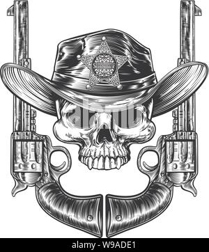 Pistolen und Schädel mit Sheriff Stern und Cowboyhut Stock Vektor