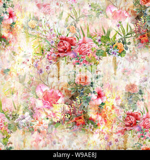 Aquarell von Blatt und Blumen, nahtlose Muster Stockfoto