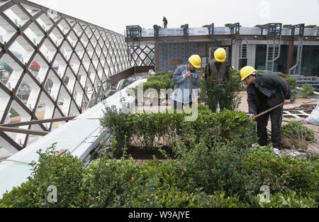 Chinesische Arbeiter anlage Büsche auf dem Dach der Frankreich Pavillon auf der Expo in Shanghai, China, 18. März 2010. Ein Restaurant in der Nähe des berühmten betrieben Stockfoto