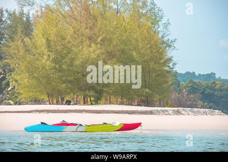 Kajakfahren auf dem Sand des Meeres Hintergrund Bäume. Stockfoto