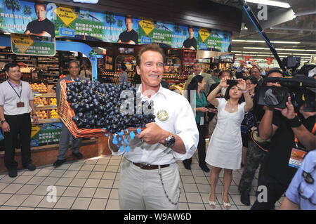 Der Gouverneur von Kalifornien, Arnold Schwarzenegger, fördert die kalifornischen Trauben während der Kalifornien Gourmet Festival in Hangzhou, China Zhejiang Provinc Stockfoto