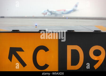 ---- Ein Flugzeug landet auf der neuen Start- und Landebahn am Internationalen Flughafen Hongqiao bei einem Testflug in Shanghai, China, 15. Januar 2010. Die zweite runwa Stockfoto