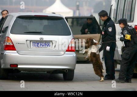 Chinesische Polizisten und ihre Sauganlegerhundes prüfen ein Auto auf dem Platz des Himmlischen Friedens vor der Großen Halle des Volkes vor dem Beginn des 2. Stockfoto