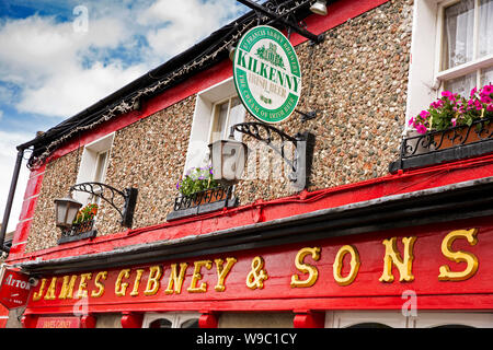 Irland, Co Dublin, Malahide, New Street, traditionellen irischen Pub James Gibney Zeichen hängenden Korb und Kilkenny Bier Werbung Stockfoto