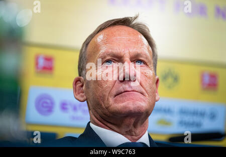 13. August 2019, Nordrhein-Westfalen, Dortmund: Hans-Joachim Watzke, Vorsitzender der Geschäftsführung von Borussia Dortmund, spricht auf der Pressekonferenz von Borussia Dortmund GmbH & Co. KGaA und präsentiert die vorläufigen Zahlen für das Geschäftsjahr 2018/2019. Foto: Guido Kirchner/dpa Stockfoto