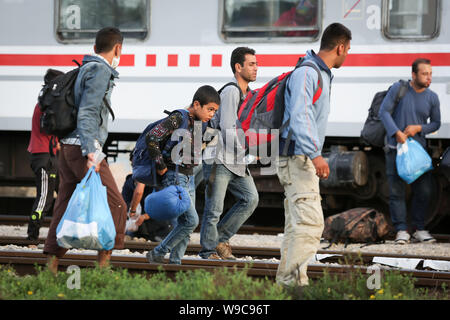 Dugo Selo, Kroatien - 17. September 2015: eine Gruppe von syrischen Flüchtlinge zu Fuß auf den Gleisen nach der Ankunft aus Serbien und warten auf die Busse Stockfoto